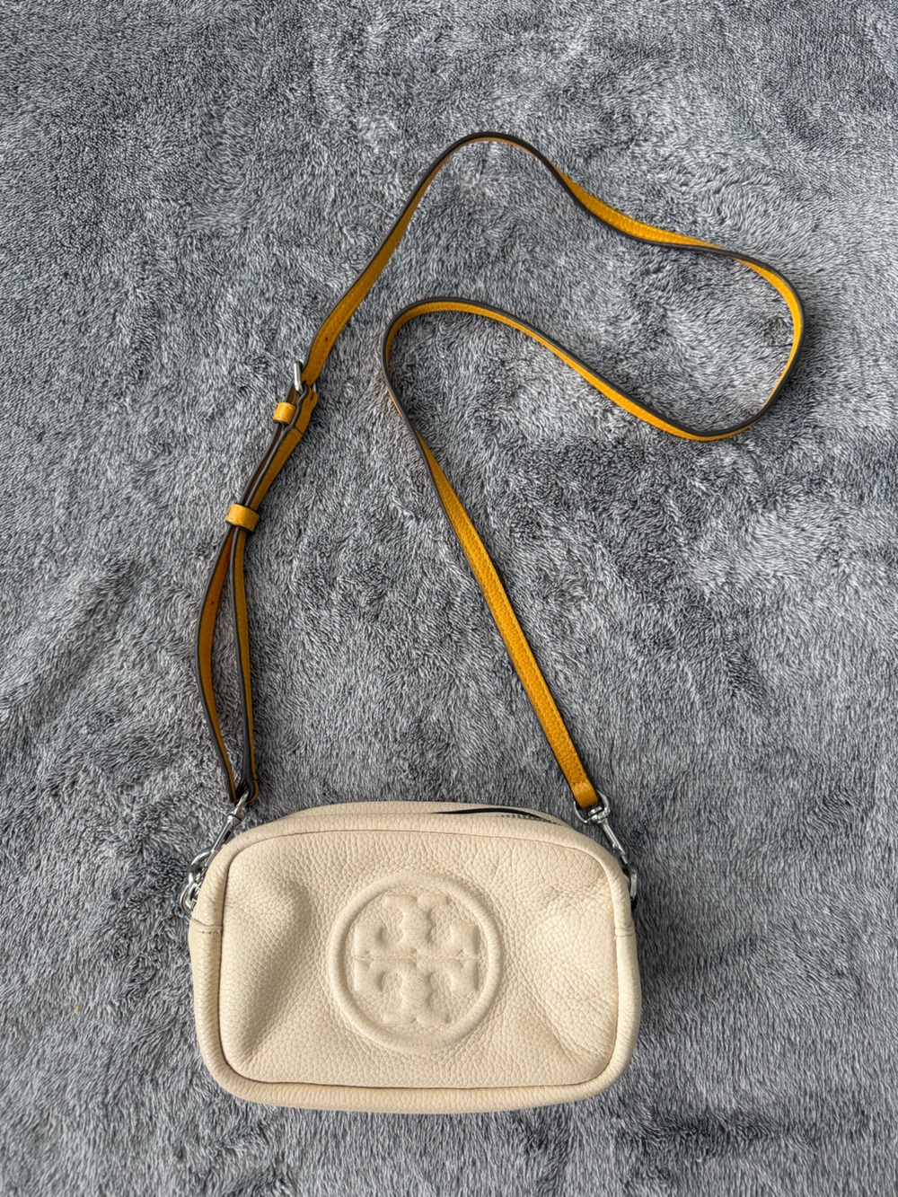 Tory Burch Cream Leather Crossbody with Yellow Strap